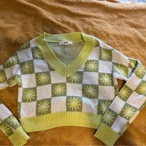 Cropped checkered Lime Yellow and white vneck sweater